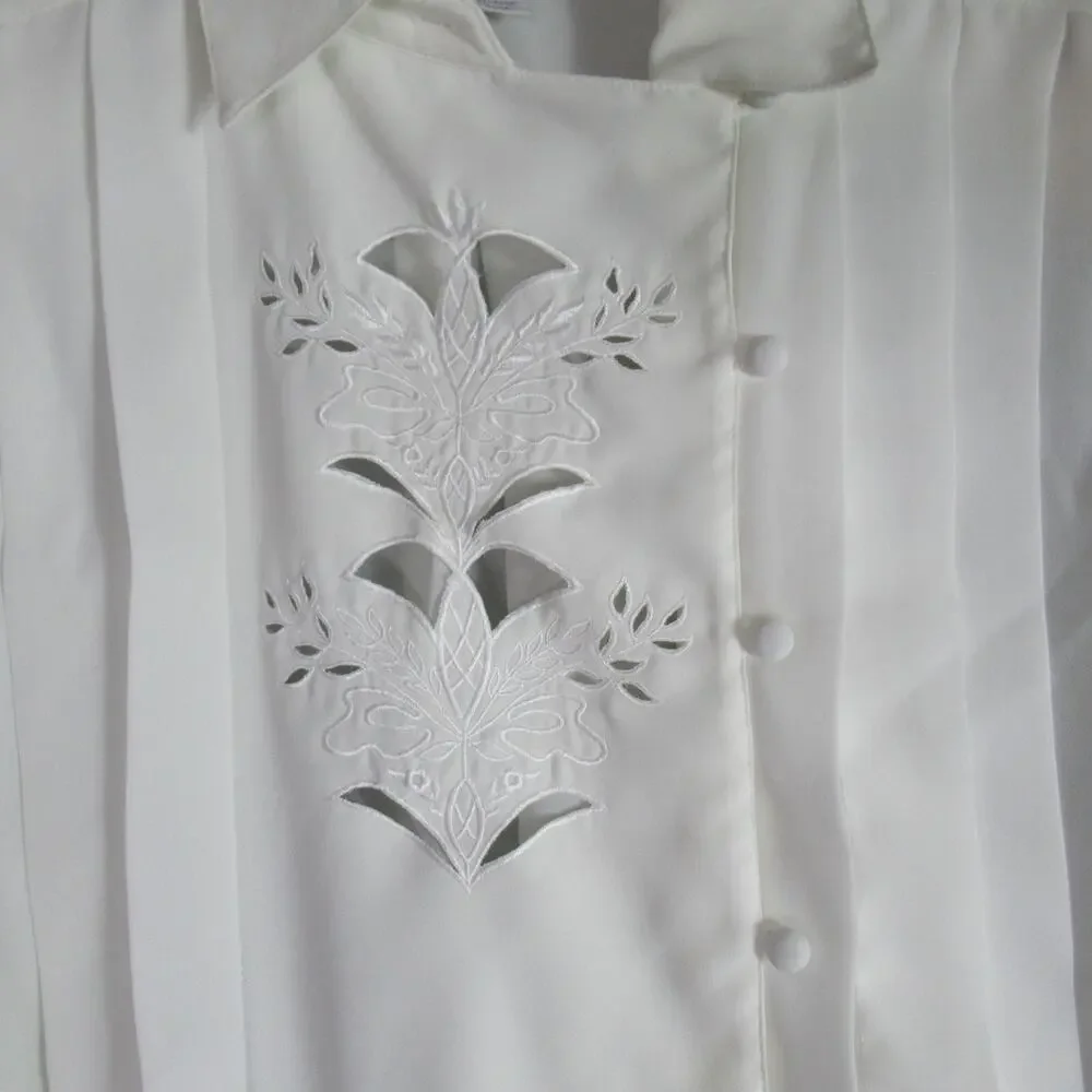 Vintage Josephine Top Womens 36 White Floral Cutout Pleated Sheer Blouse Work